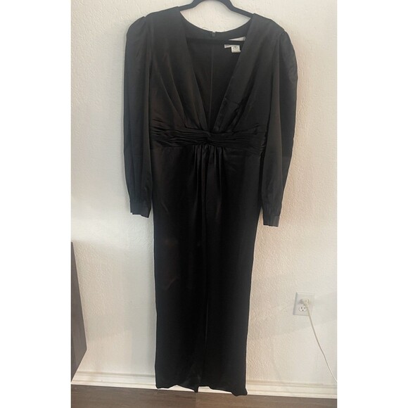 Ieena for Mac Duggal Satin Jumpsuit Black Long Sleeve Deep V size 14 - Picture 1 of 6